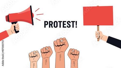 Protest vector illustration with hands raised and megaphone
