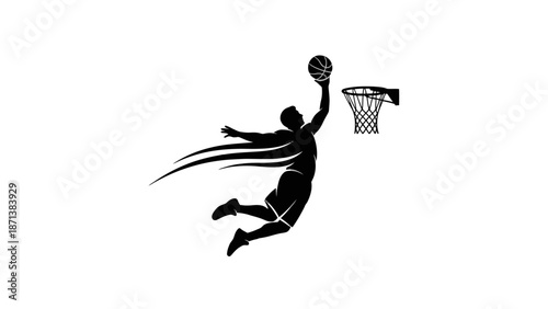 Silhouette of a basketball player dunking the ball into the hoop.