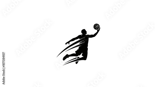 Dynamic silhouette of a basketball player in mid-air dunking.