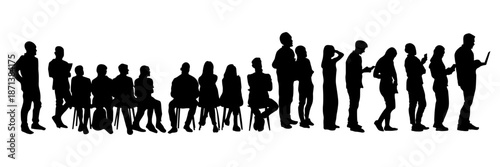 Black silhouettes of people standing and waiting in a line. Group of men and women in different poses, isolated on white background. Concept of queue, crowd, society, everyday life, waiting.