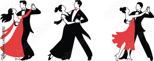 Romantic ballroom dance couple illustration with elegant red dress silhouettes, graceful waltz tango performance, classic love dance vector