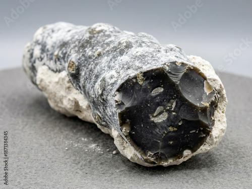 Dark gray microcrystalline flint nodule embedded in a white soft porous chalk carbonate rock substrate.
