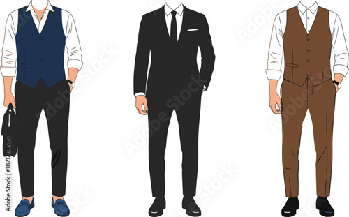 Elegant men formal outfit illustration set featuring classic suits and waistcoats for business fashion, tailoring concepts, and modern style design