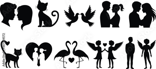 Romantic love silhouettes collection with couples, cats, birds, angels and hearts for valentine, relationship, wedding vector design