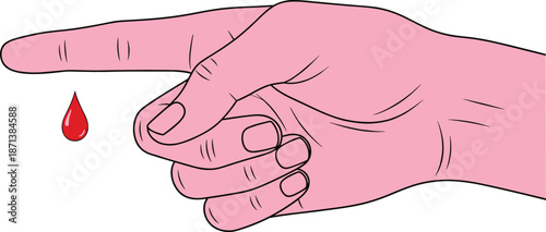 Human finger with blood drop, injury and medical emergency concept, first aid and healthcare illustration, simple minimal flat vector design