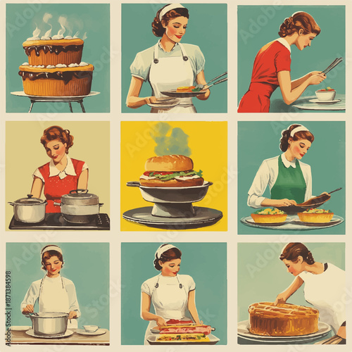 a set of retro-style postcards with girls cooking. a vector for designing cafes, canteens, and shops.
