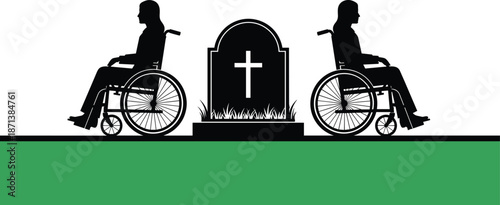 Wheelchair user silhouettes facing opposite directions with grave and cross, disability awareness and mortality concept, minimal black and white vector illustration