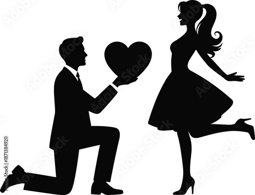 Romantic proposal silhouette illustration showing kneeling man offering heart to woman, love confession concept for Valentine wedding design