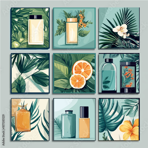 set of images. Set of postcards with tropical leaves and cosmetics. Beautiful modern postcards. Vector illustration.