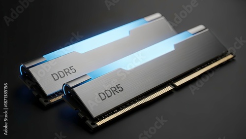 Two Modern Ddr5 Ram Modules with Blue Led Lighting on Dark Background