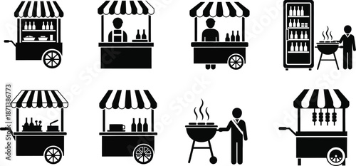 Market carts, food stalls, and vendor kiosks vector illustration. Counter street food and market stalls silhouette icons. 
