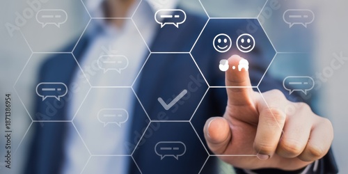 Digital Experience: A finger interacts with the modern user interface, choosing satisfaction. The scene emphasizes seamless customer service and digital transformation.
