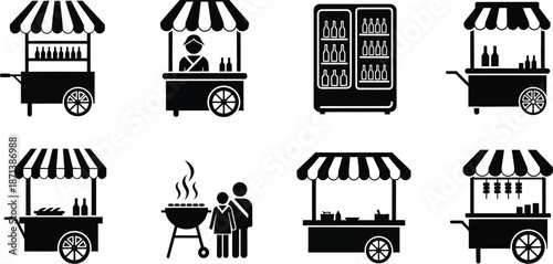Market carts, food stalls, and vendor kiosks vector illustration. Counter street food and market stalls silhouette icons. 