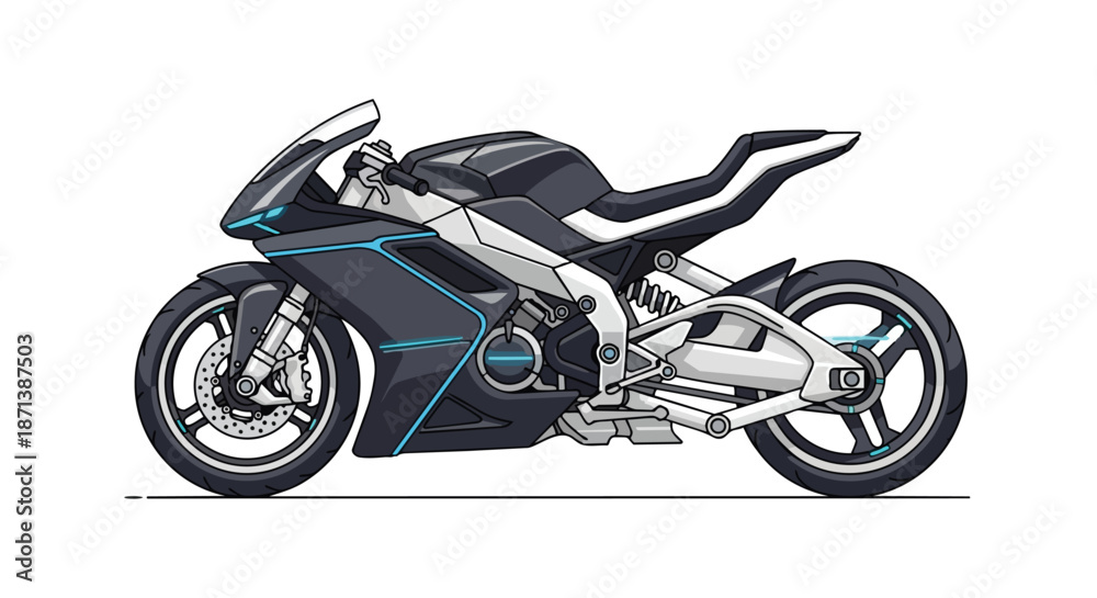 Fototapeta premium Sleek modern sport motorcycle with futuristic design and blue accents on white background