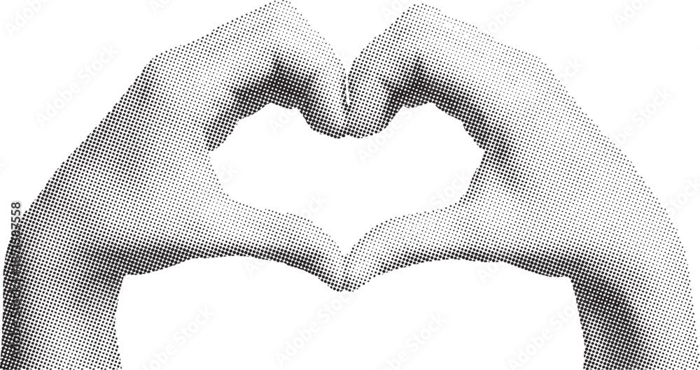 Fototapeta premium Halftone Hands Forming Heart Shape Gesture Representing Love, Care, Unity and Emotional Connection on White Background