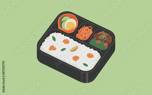 Japanese bento box with rice and various side dishes in compartments