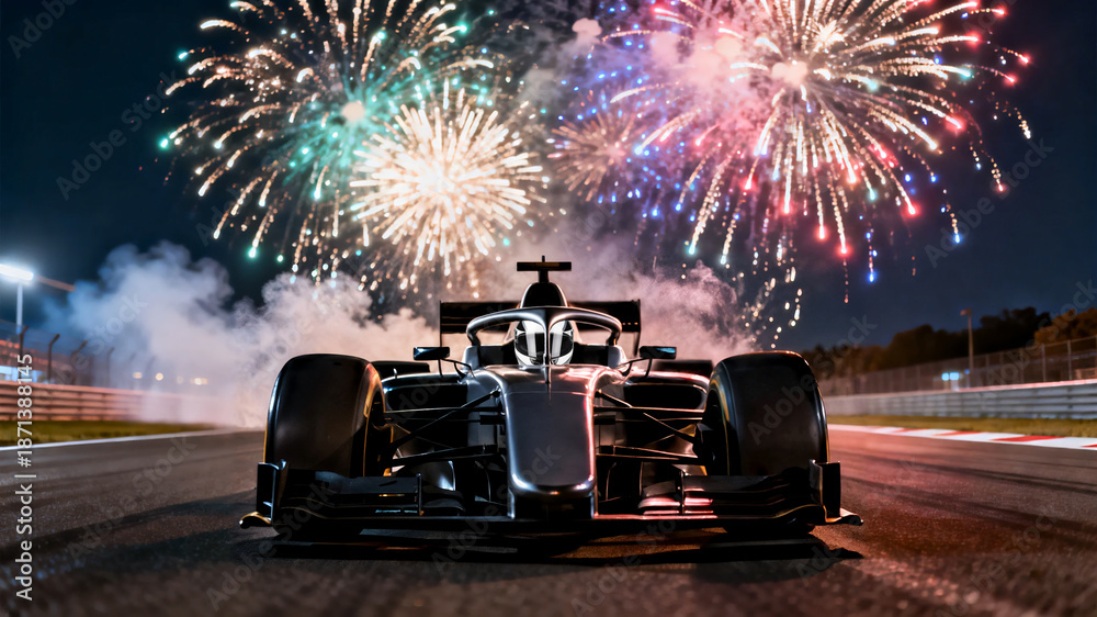 Obraz premium Formula style race car on track with fireworks at night