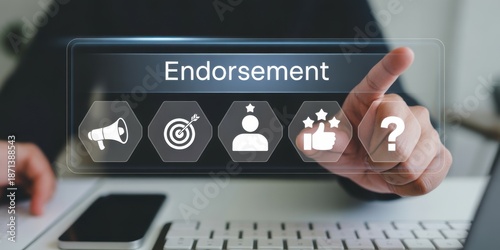 Digital Endorsement: A finger touches a digital screen, initiating the 'Endorsement' process, showcasing symbols of communication, focus, recognition, support, and query.