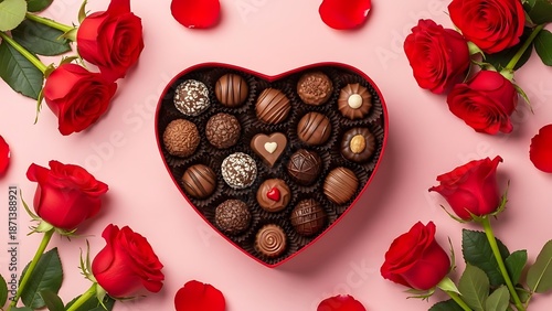 Heart shaped box of assorted chocolates surrounded by red roses on pink background