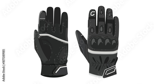 Professional black motorcycle gloves for sport and safety riding, isolated on white background.