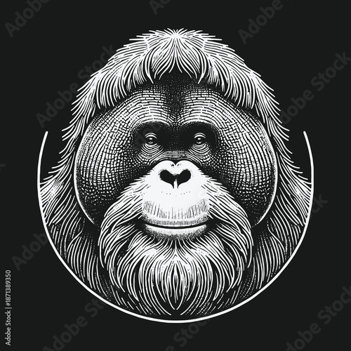 Detailed Orangutan Portrait: A Striking Black and White Illustration.