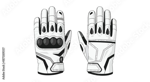 White motorcycle racing gloves with protective knuckles, vector illustration