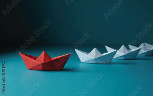 Red paper boat leading white paper boats on blue surface