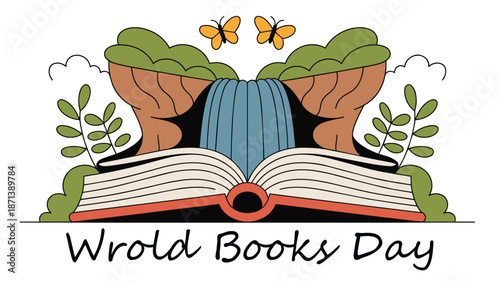 Vibrant World Books Day illustration with open book and waterfall
