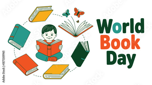 Happy child reading book on World Book Day surrounded by colorful books