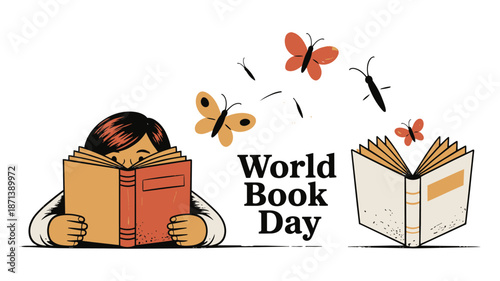 World Book Day illustration with child reading and butterflies