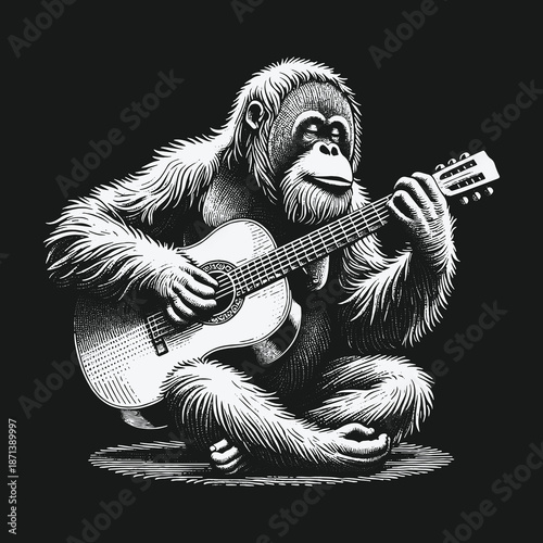 Orangutan Serenade: A Musical Apes Acoustic Performance in Monochrome.