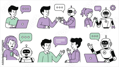 AI in business illustration. Character working with generative AI tools for marketing, content creation, and prompt engineering. ..eps