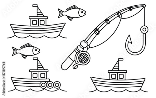 line drawing of fishing boats and fishing rod with fish