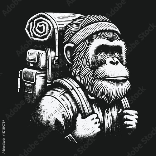 Ape on an Adventure: A Detailed Black and White Illustration.