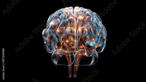 A brain with a tree growing out of it. The brain is surrounded by a blue and orange glow
