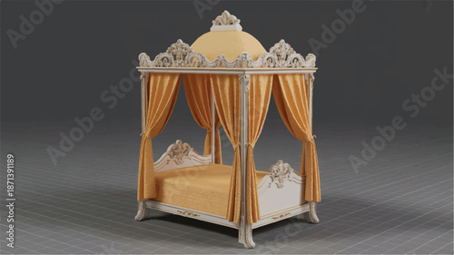Luxurious four poster bed with gold curtains and white frame