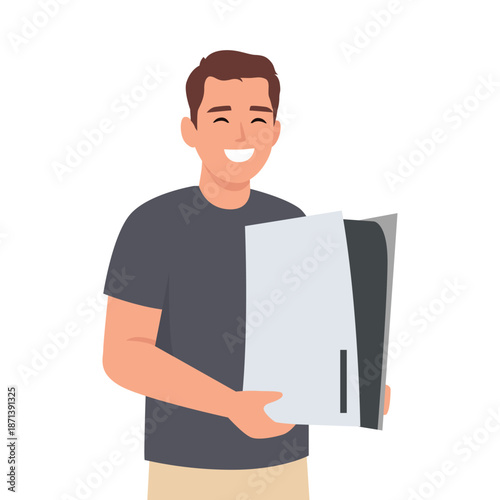 Happy Man Holding Next Generation Gaming Console. Flat vector illustration isolated on white background