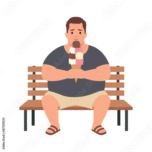 Overweight Man Eating Ice Cream on Park Bench. Flat vector illustration isolated on white background