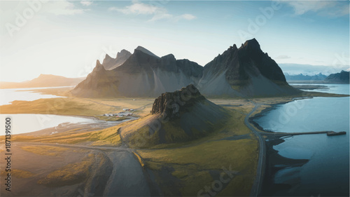 Scenic landscape with mountains and water near a small town in a valley