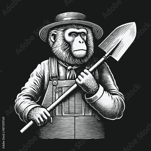 Monkey Farmer with Shovel: A Vintage-Style Engraving Illustration.