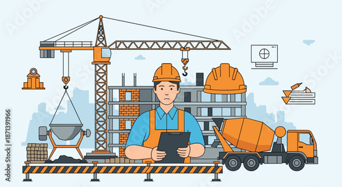 Construction site illustration with a worker in a hard hat, crane, cement truck, and an unfinished building structure.