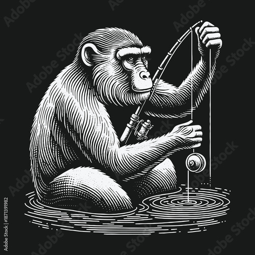 Chimpanzee Fishing: A Detailed Engraving of Primate Angling.
