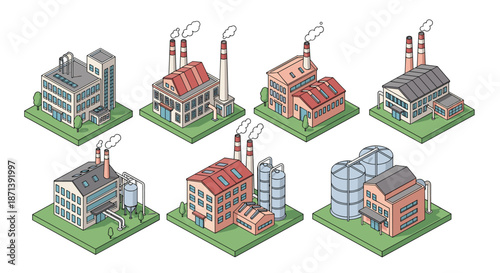 Set of diverse isometric industrial factory building illustrations featuring smokestacks, warehouses, and storage facilities on green plots.