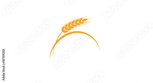 Minimalist and stylized golden wheat stalk curved gracefully over an orange arc against a white background representing organic growth and harvest.