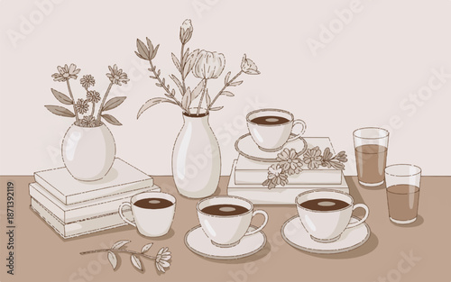 sepia tones still life with coffee cups and flowers on table