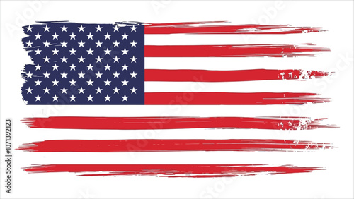  American flag grunge illustration. Brush-stroke stars and stripes in red, white, and blue