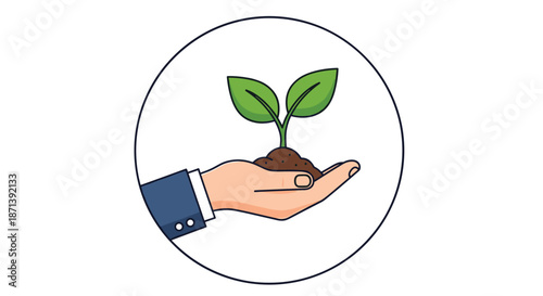 Professional illustration of a businessman's hand cradling a small green sprout growing in soil within a circular frame symbolizing sustainable growth.