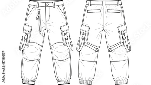 Technical CAD drawing illustrating cargo trousers featuring front, back perspectives, showcasing design details, utility pockets, straps, and adjustable cuffs for apparel design pr.
