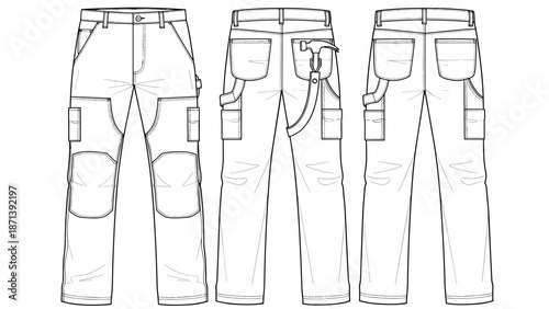 Technical drawing illustration of rugged work pants for construction, engineering, or industrial use with cargo pockets, hammer loop and knee pads, showcases utility, durability,.