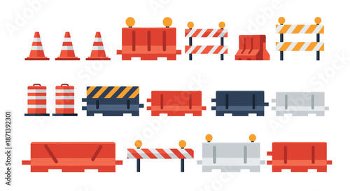 Various road construction barriers and safety equipment including traffic cones, plastic barricades, and reflective markers in bright orange and white.